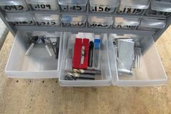 Carbide End Mills, Taps, (2) Big Bear ER20 Collet Racks and More in Multi-Drawer Organizer