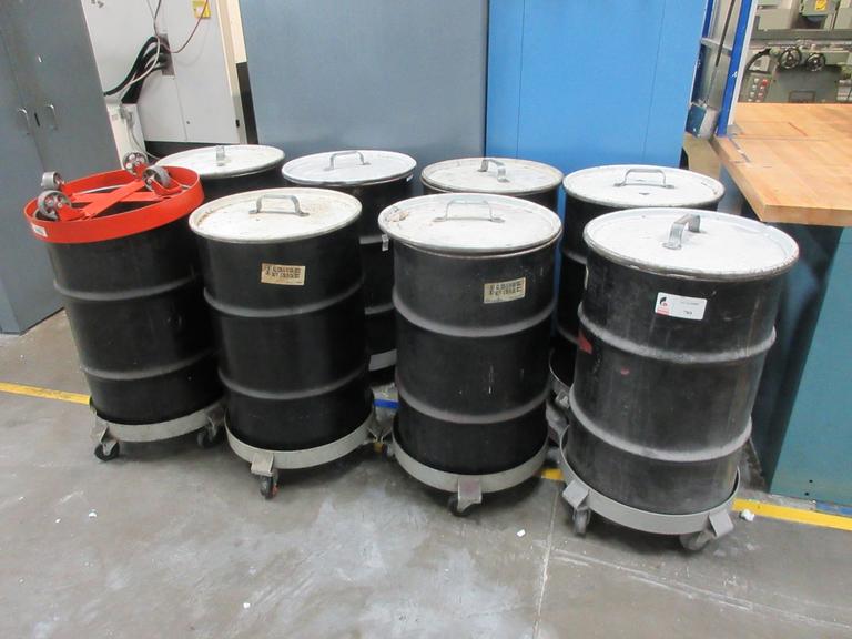 8 30 Gallon Steel Garbage Drums with Lids and Barrel Dolleys