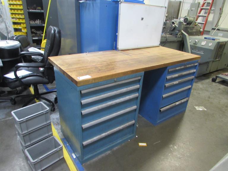 (2) 5-Drawer Cabinets with 1-3/4" Thick Maple Top and White Board and Contents of Cabinets