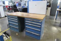 (2) 5-Drawer Cabinets with 1-3/4" Thick Maple Top and White Board and Contents of Cabinets
