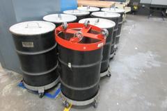 8 30 Gallon Steel Garbage Drums with Lids and Barrel Dolleys