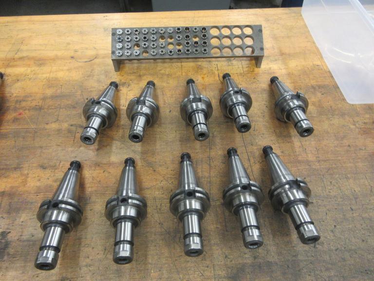 (10) Nikken Cat 40 Taper SK-10 Collet Tool Holders with Rack and Assorted SK-10 FLex Collets