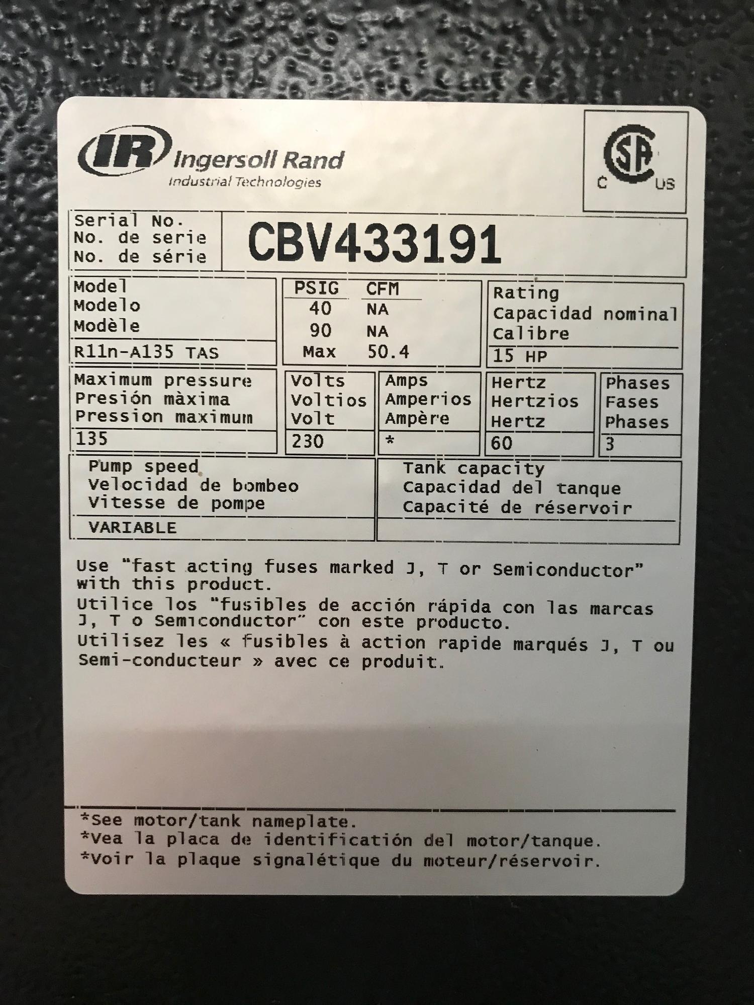 Machines Used | Ingersoll Rand R11n 15 HP Variable Speed Rotary
