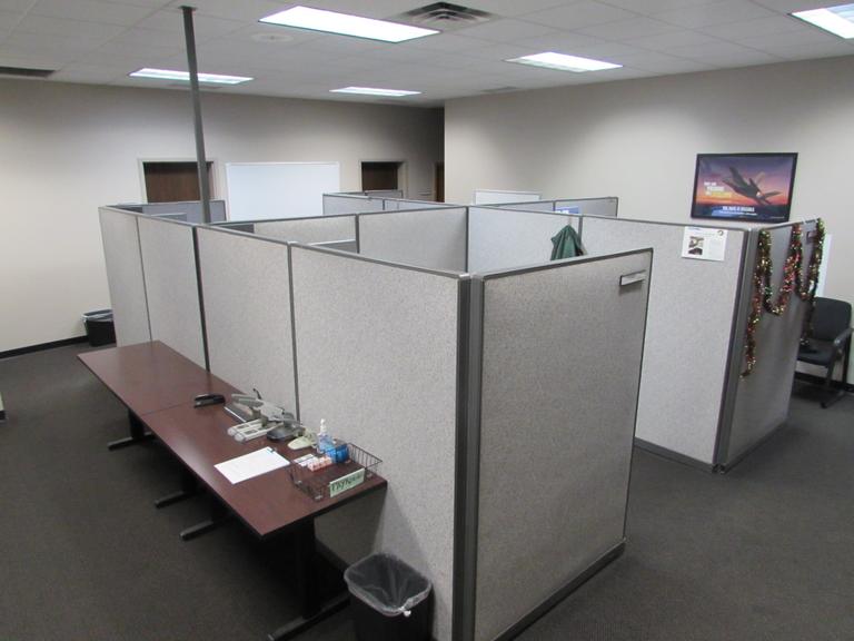 4-Station Office Cubicle Setup with Work Surfaces Upper Shelves.  