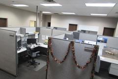 4-Station Office Cubicle Setup with Work Surfaces Upper Shelves.  