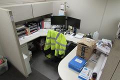 2-Station Office Cubicle Setup with Desks and Upper Cabinets