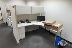 2-Station Office Cubicle Setup with Desks and Upper Cabinets