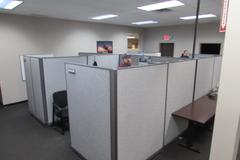 4-Station Office Cubicle Setup with Work Surfaces Upper Shelves.  