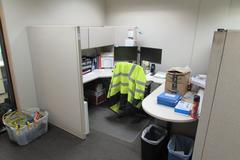 2-Station Office Cubicle Setup with Desks and Upper Cabinets