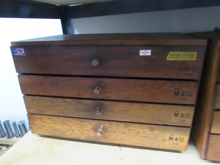 Meyer 4-Drawer Gage Pin Cabinet with Plus Gage Pins: C-10, M-2, M-3, M-4.  .011" to .750" Missing Various Pins