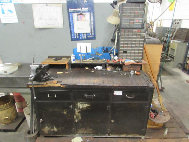 Wood Top Steel Workbench with Cabinet Base, Contents and 4" Bench Vise