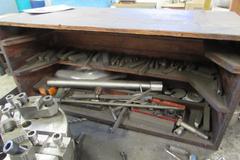 Steel Workbench with Lower Shelf and Wood Upper Shelf Unit