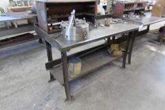 Steel Workbench with Lower Shelf and Wood Upper Shelf Unit
