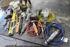 Assortment of Tools: Pneumatic Grinders, Cordless Drill, Level, Abrasives, and More
