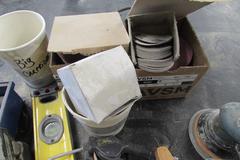 Assortment of Tools: Pneumatic Grinders, Cordless Drill, Level, Abrasives, and More