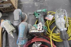 Assortment of Tools: Pneumatic Grinders, Cordless Drill, Level, Abrasives, and More