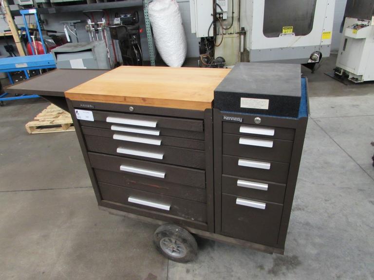 Kennedy Rolling Tool Chest with (12) Total Drawers, Wooden Top, Granite Surface Plate, Flip-Up Work Surface and Misc Contents