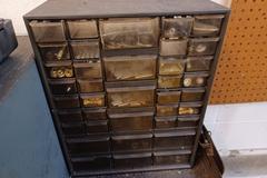 Metal Frame Wood Top Bench with Contents of Fasteners and Tools