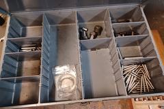 Metal Frame Wood Top Bench with Contents of Fasteners and Tools