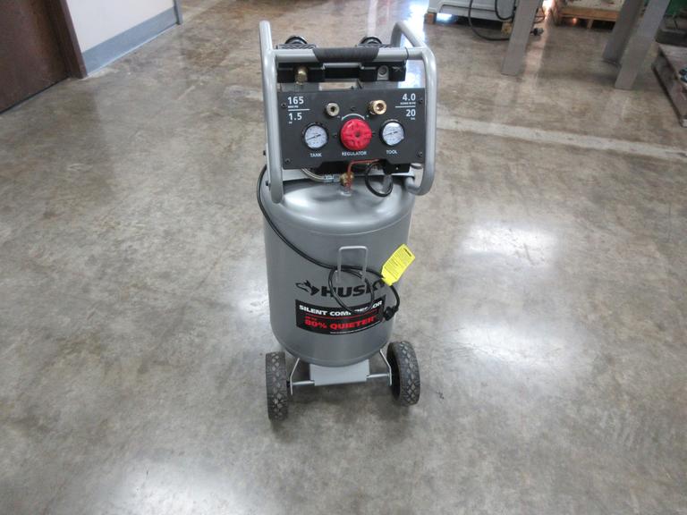 Husky 20 Gallon Silent Air Compressor, 1.5 HP 165 Max PSI,  Built in Regulator, Upright Rolling Style, 120V