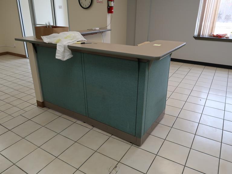 5-Station Cubicle Setup with Reception Desk.  62-1/2" High Partition Walls, Work Surfaces, Storage Cabinets