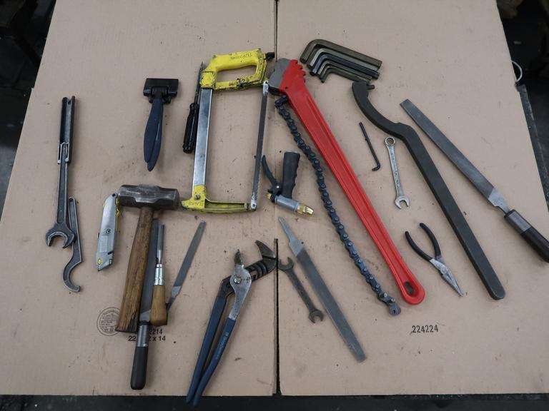 Assorted Hand Tools: Chain Wrench, Hammer, Hack Saw, Hammer and more