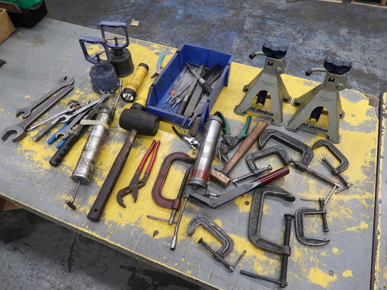 Hand Tools, Assorted: Wrenches, Hammer, Jack Stands, Magnets, Clamps and More