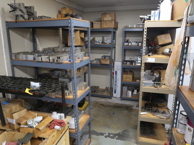 Contents of Corner Including (5) Shelves with Vise Jaws (Mostly Aluminum), Misc Shop Items