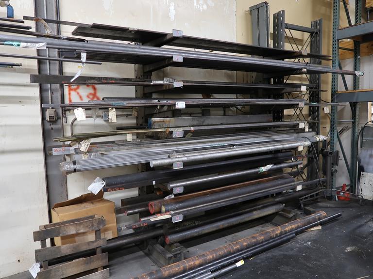 Cantilever Style Stock Rack with Contents of Steel, Aluminum and Brass Stock.  