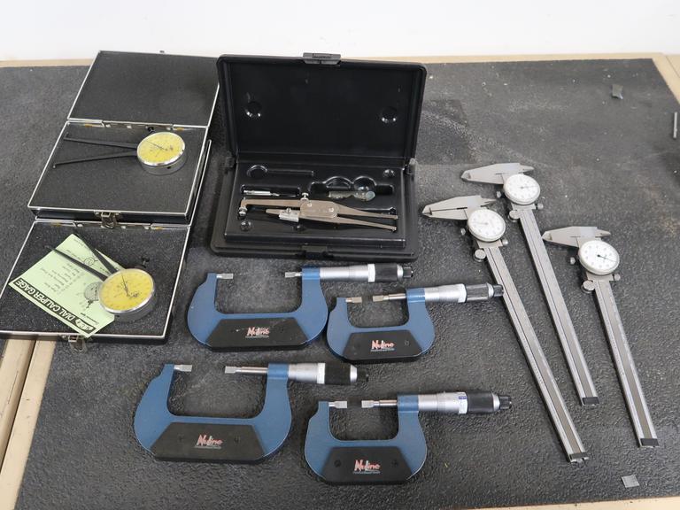 Measuring Tools Including 0-1" and 1-2" Blade Micrometers, 6" & 8" Calipers, (2) Inside Dial Calipers and More