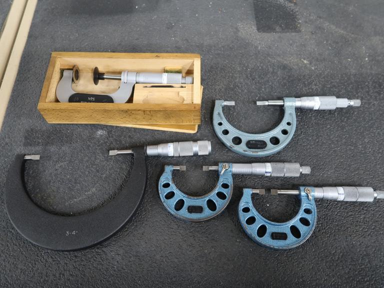 Micrometers Including 0-1", 1-2" and 3-4" Blade Mics and (1) 1-2" Disc Mic