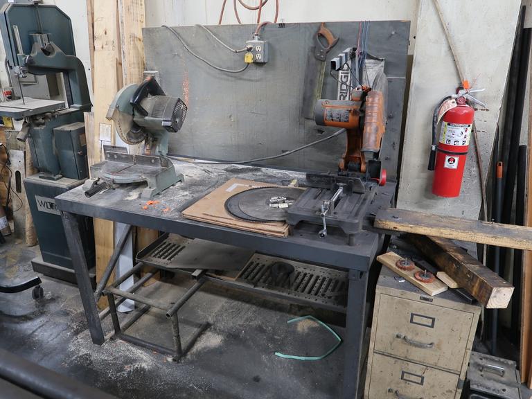 Sawing Station with Delta 10" Miter Saw, Ridgid 14" Abrasive Saw and Metal Bench