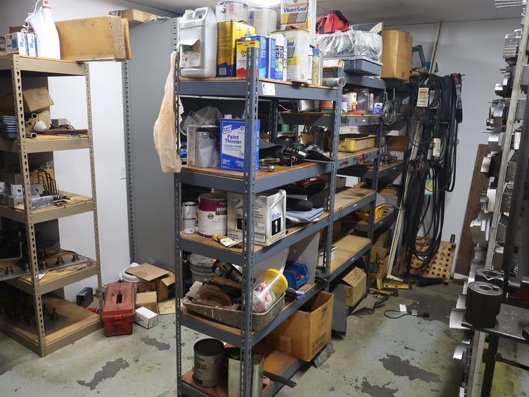 Contents of Corner Including (5) Shelves, Wire, Belts, Fittings, Connectors, Shop Chemicals, 