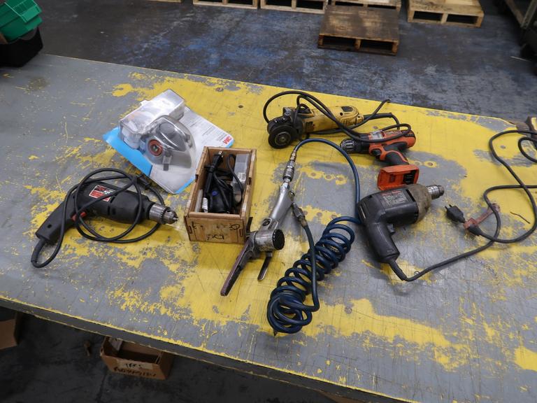 Assorted Power Tools: Pneumatic Belt Sander, Dremel Rotary Tool, (2) Drills, DeWalt Angle Grinder