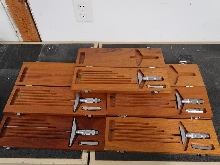 Brown & Sharpe 0-3" Depth Micrometers with Wooden Cases.  (3) Complete, (2) Incomplete