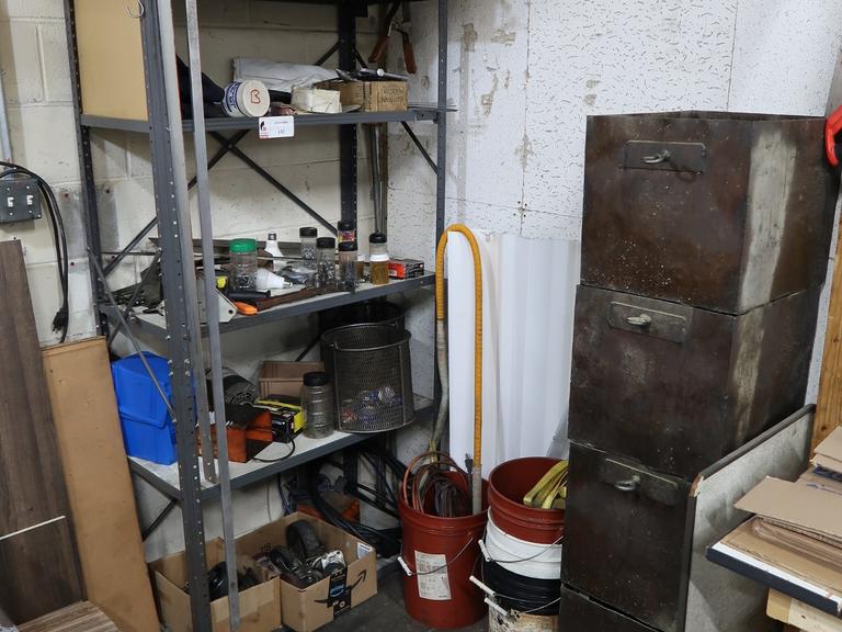 Corner Contents: Shelf, Maintenance Items, Tools, Metal Bins and More