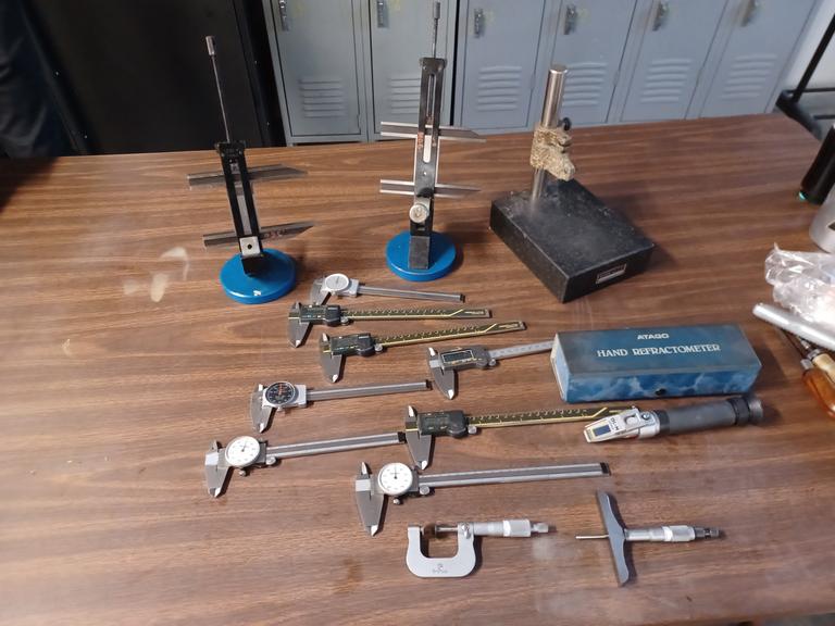 Inspection Tools: Digital and Dial Calipers, 0-1" Disc Micrometer, Depth Micrometer, Granite Base Stand, Refractometer, Gage Block Holders