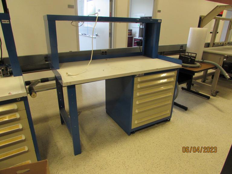 Stanley Vidmar Cabinet Base Work Bench with Formica Top,  Work Light & Power Strip with Assorted Contents