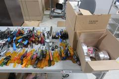 Huge Lot of Hand Tools with Aluminum Frame Bench: Drivers, Pliers, Knives, Brushes, Allen Wrenches, Snips & More