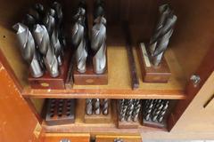 Moore Wooden Tool Cabinet with Contents: Drills, Boring Tool Holders, Reamers, Clamoing