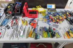 Huge Lot of Hand Tools with Aluminum Frame Bench: Drivers, Pliers, Knives, Brushes, Allen Wrenches, Snips & More
