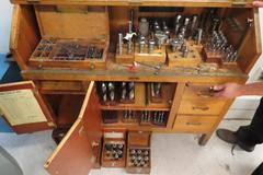 Moore Wooden Tool Cabinet with Contents: Drills, Boring Tool Holders, Reamers, Clamoing