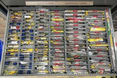 HUGE LOT OF PERISHABLE TOOLING WITH CABINET.  Separated, Labeled & On Pallet.  End Mills, Reamers, Drills, Radius Cutters, Inserts, Carbide and MUCH MORE.  DON"T MISS THIS!! 