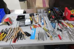 Huge Lot of Hand Tools with Aluminum Frame Bench: Drivers, Pliers, Knives, Brushes, Allen Wrenches, Snips & More