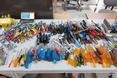 Huge Lot of Hand Tools with Aluminum Frame Bench: Drivers, Pliers, Knives, Brushes, Allen Wrenches, Snips & More