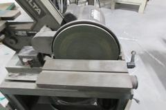 Delta Combination 1" Belt/8" Disc Grinder, Tilting Work Tables, with Wood Cabinet Base, Extra Belts and Discs in Base