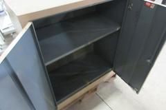 Cabinets & Shelving Including: (2) 2-Door Metal cabinets, (2) Metal Shelves, (1) Wooden Shelf
