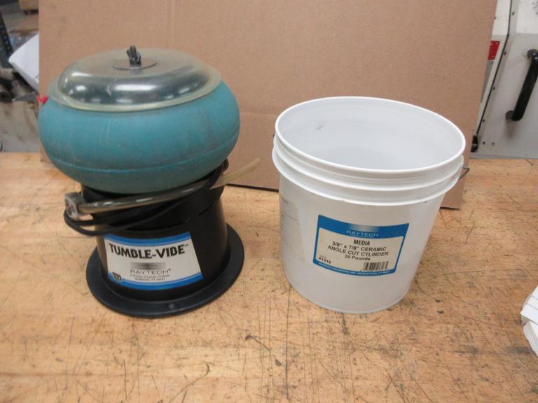 Tumble Vibe, Vibratory Deburring Unit with Approximately 2/3 Bucket of Ceramic Media, 10" Dia  x 4" Deep Hopper