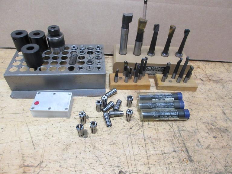 Lathe Tooling, Various DA 200 Collets and (3x) 5/8" Shank Collet Holders, Carbide tipped Boring Bars, Hardinge 5/8" Shank Tap Holders and Collets, Fowler 1" LED Touch Off Base