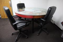 Custom Built Winona Pattern 65" Diameter Table and 3 Matching Rolling Swivel Chairs